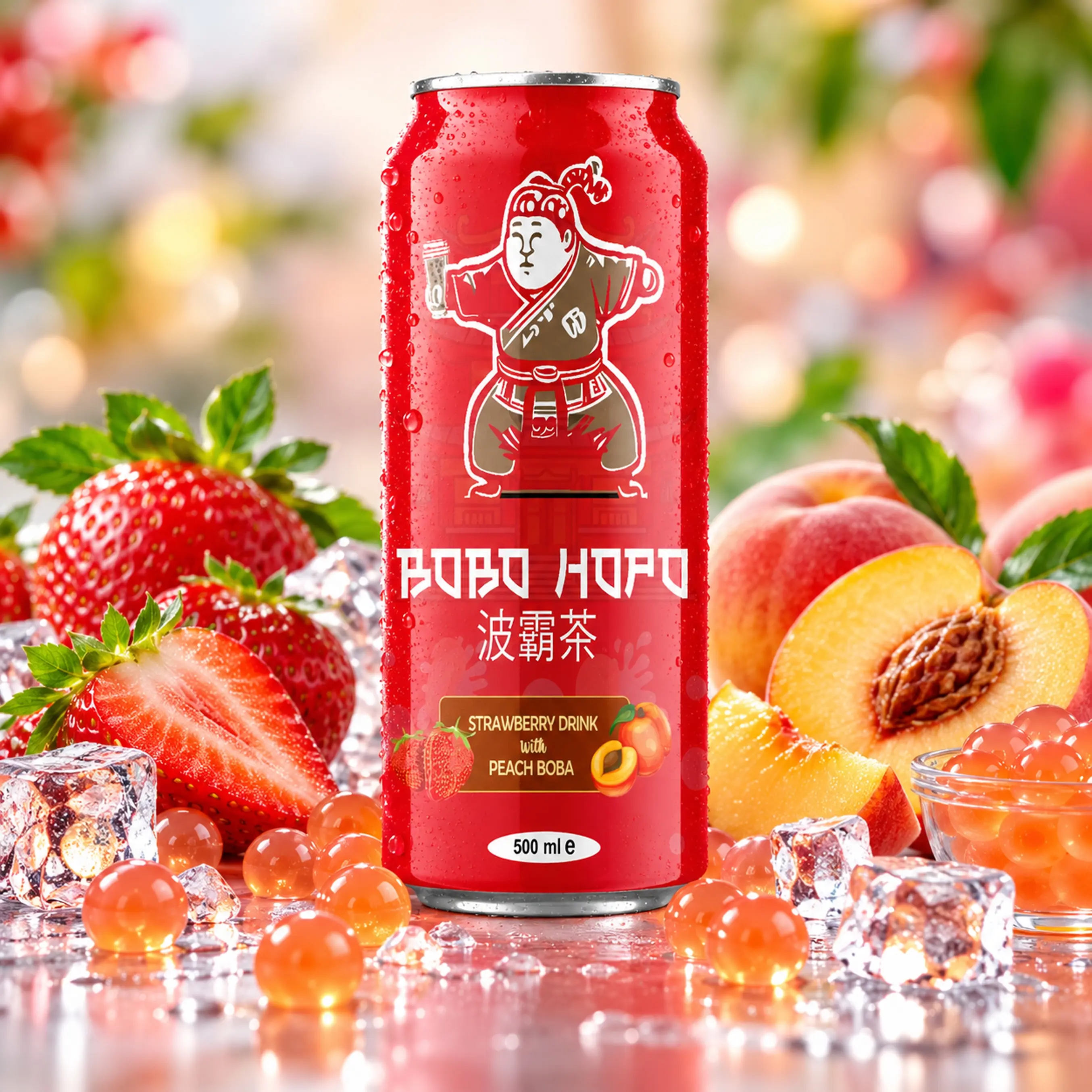 Bobo Hopo 500 ml strawberry drink with peach boba, fresh strawberries, peaches, ice cubes and boba pearls.